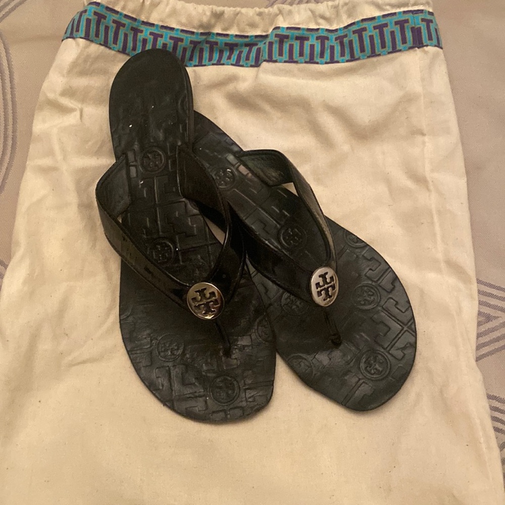 Tory Burch Black Patent Leather Thora Sandals, worn